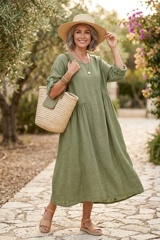Pleat Panel Linen Dress