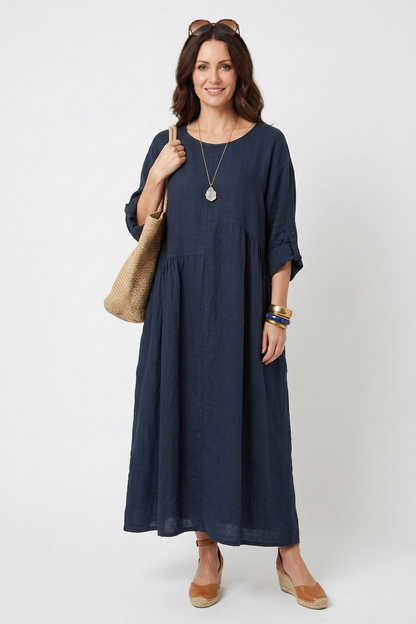Pleat Panel Linen Dress