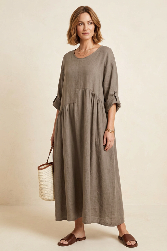 Pleat Panel Linen Dress