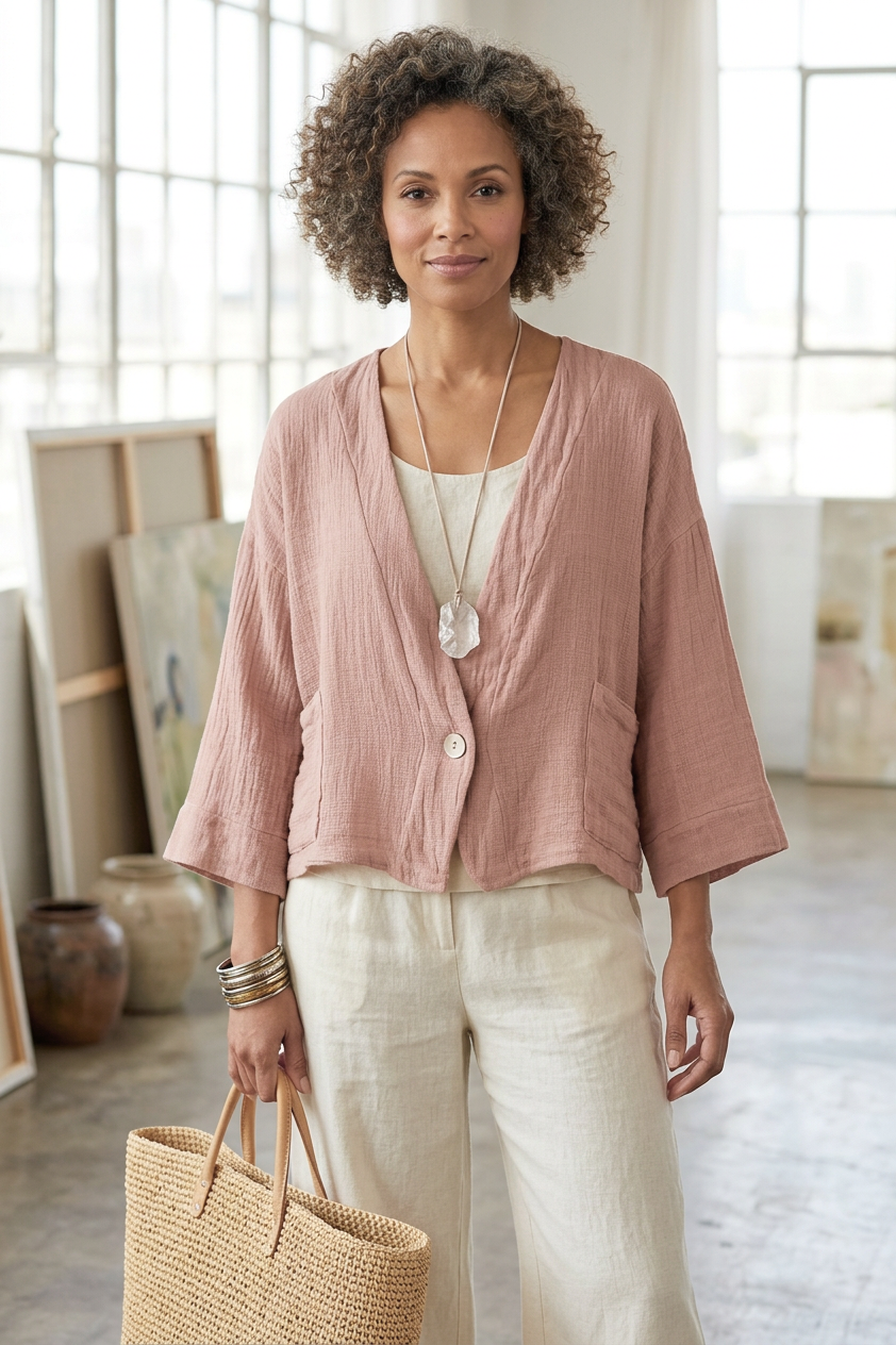One Button Teabag Linen Jacket