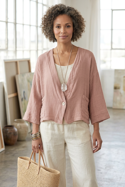 One Button Teabag Linen Jacket