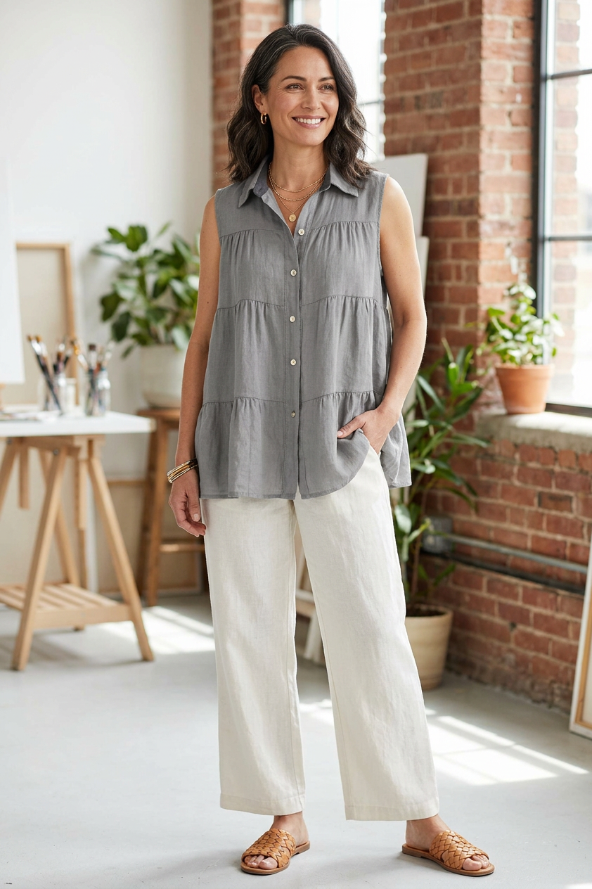 Sleeveless Tiered Linen Top