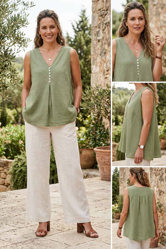 Sleeveless V Neck Button Detail Linen Top