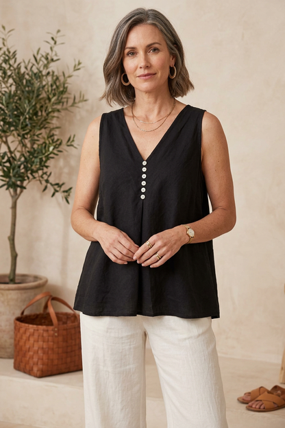 Sleeveless V Neck Button Detail Linen Top