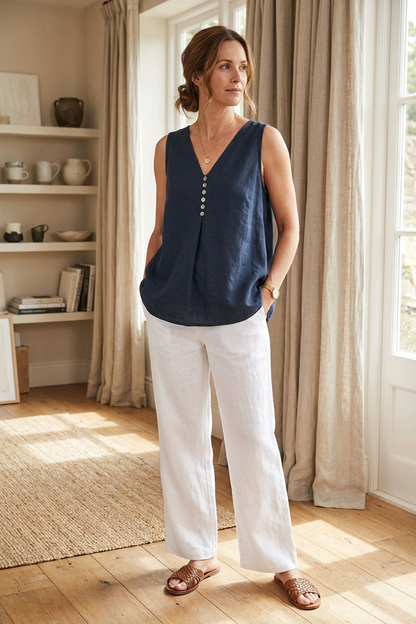 Sleeveless V Neck Button Detail Linen Top