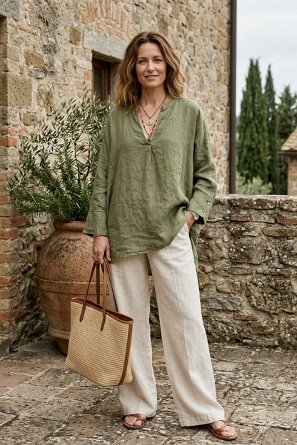 Collar V Neck Linen Top