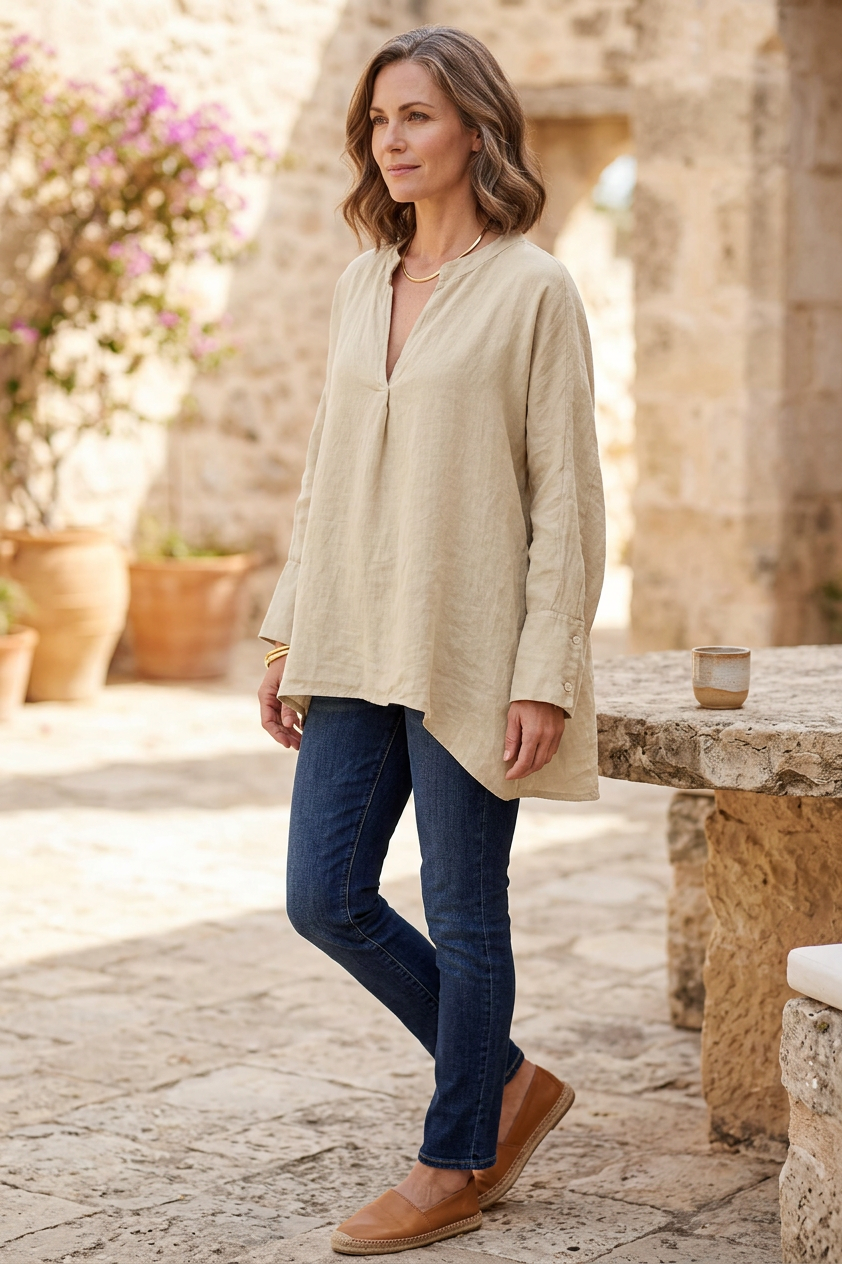 Collar V Neck Linen Top