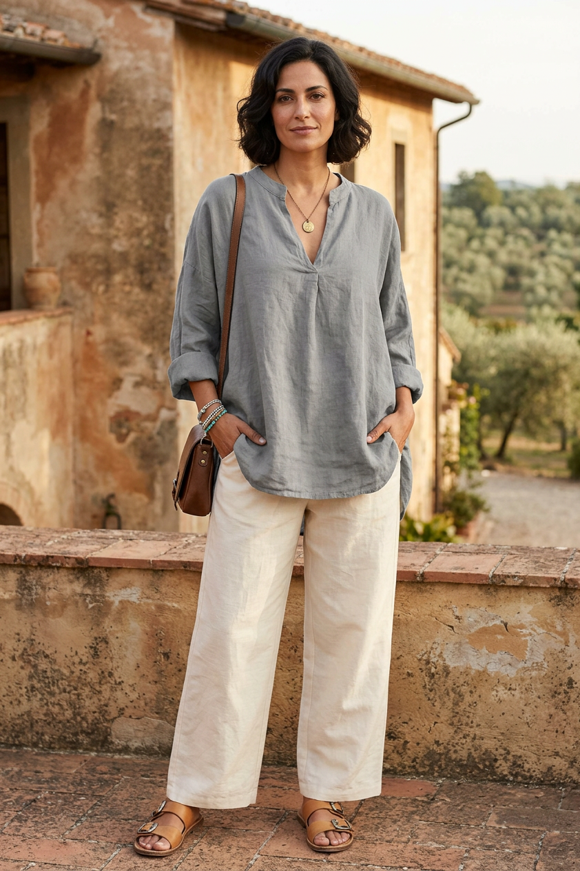 Collar V Neck Linen Top
