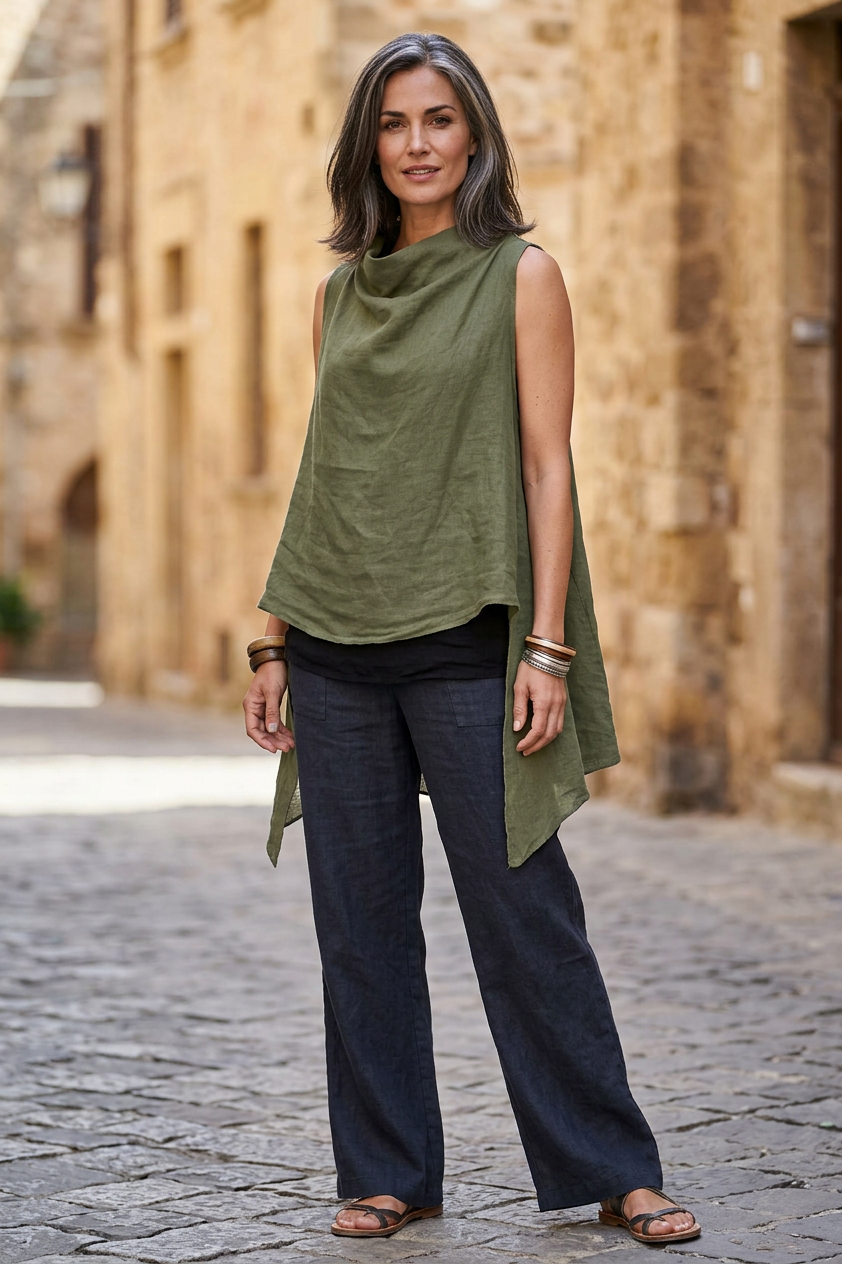 Sleeveless Cowl Neck Linen Top