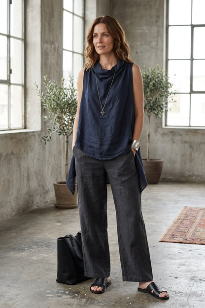 Sleeveless Cowl Neck Linen Top