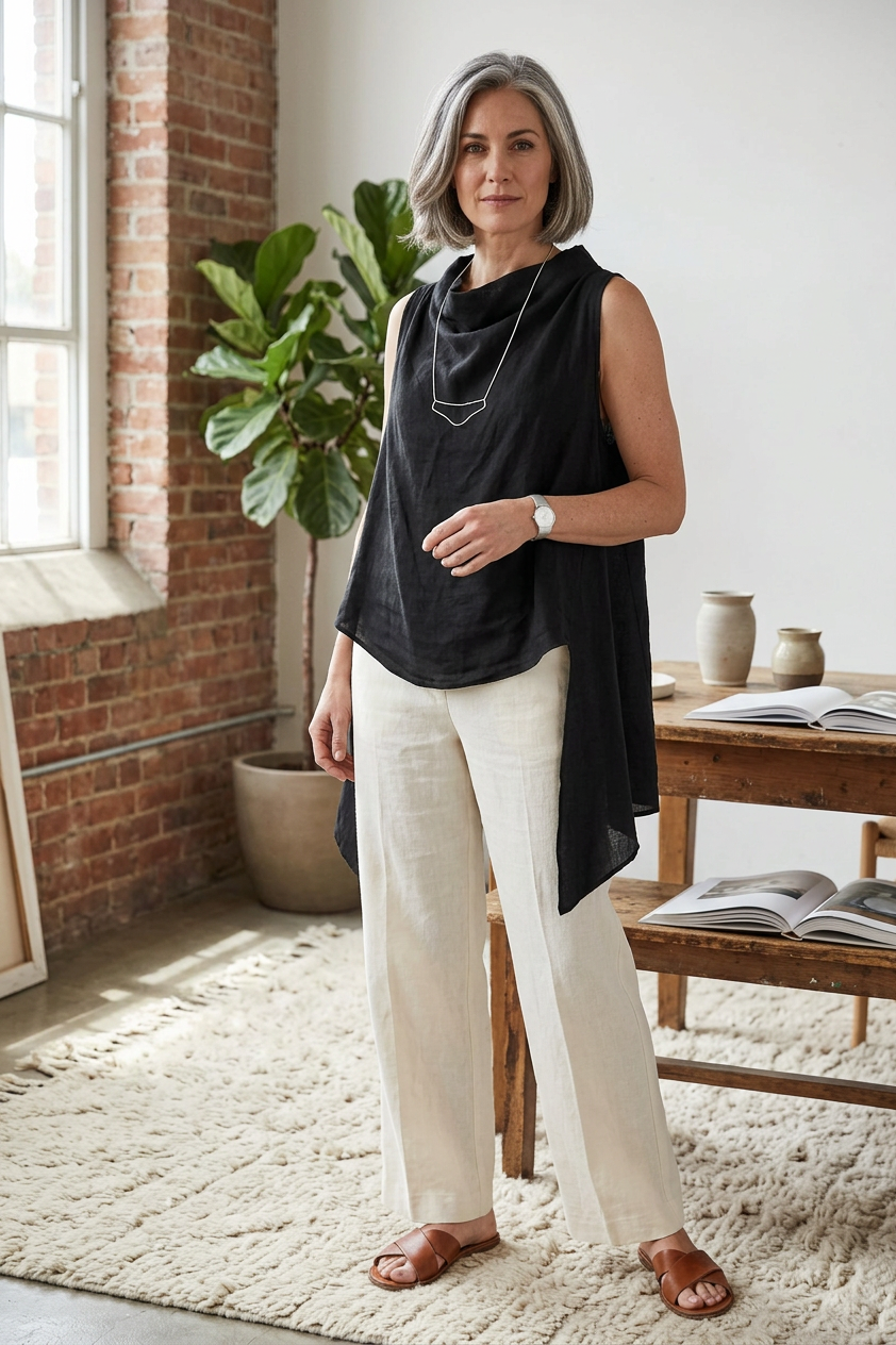 Sleeveless Cowl Neck Linen Top