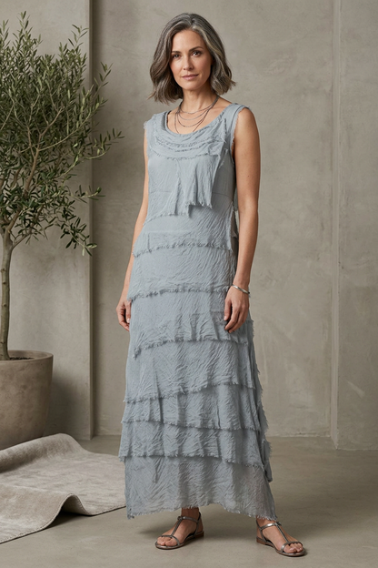 Sleeveless Frayed Detail Silk Midi