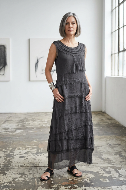 Sleeveless Frayed Detail Silk Midi