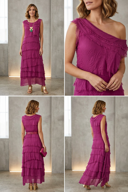 Sleeveless Frayed Detail Silk Midi