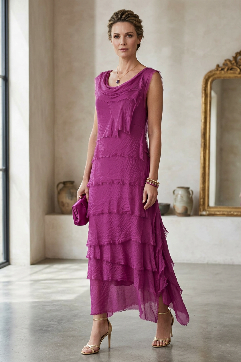 Sleeveless Frayed Detail Silk Midi