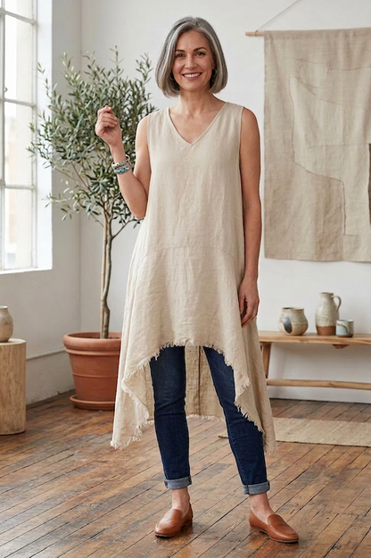 Sleeveless High Low Linen Tunic