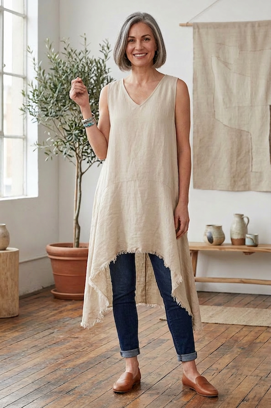 Sleeveless High Low Linen Tunic