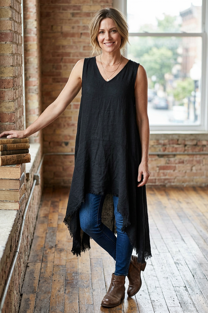 Sleeveless High Low Linen Tunic