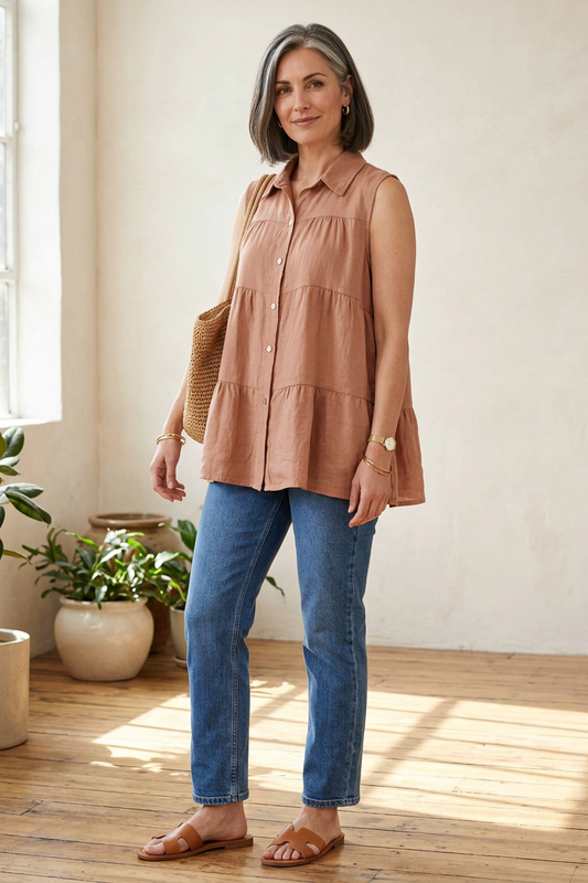 Sleeveless Tiered Linen Top