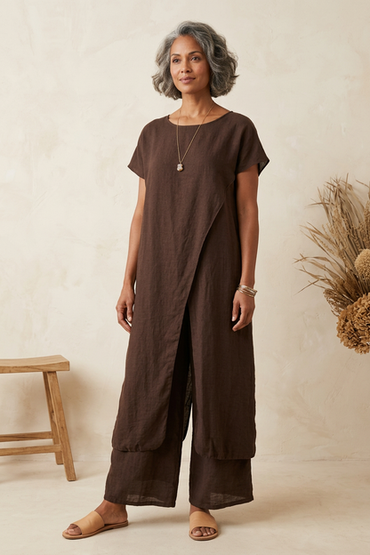 Crossover Tunic Top Wide Leg Trouser Set