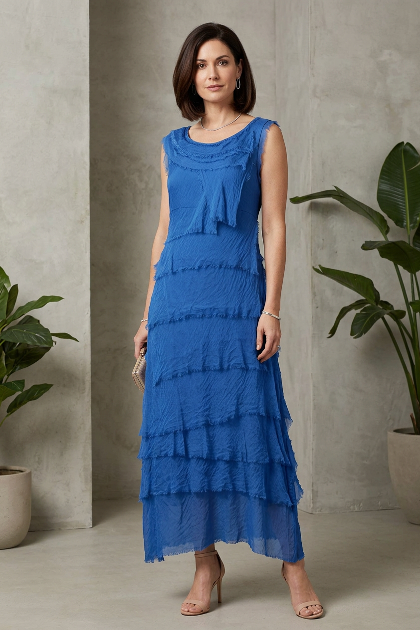 Sleeveless Frayed Detail Silk Midi