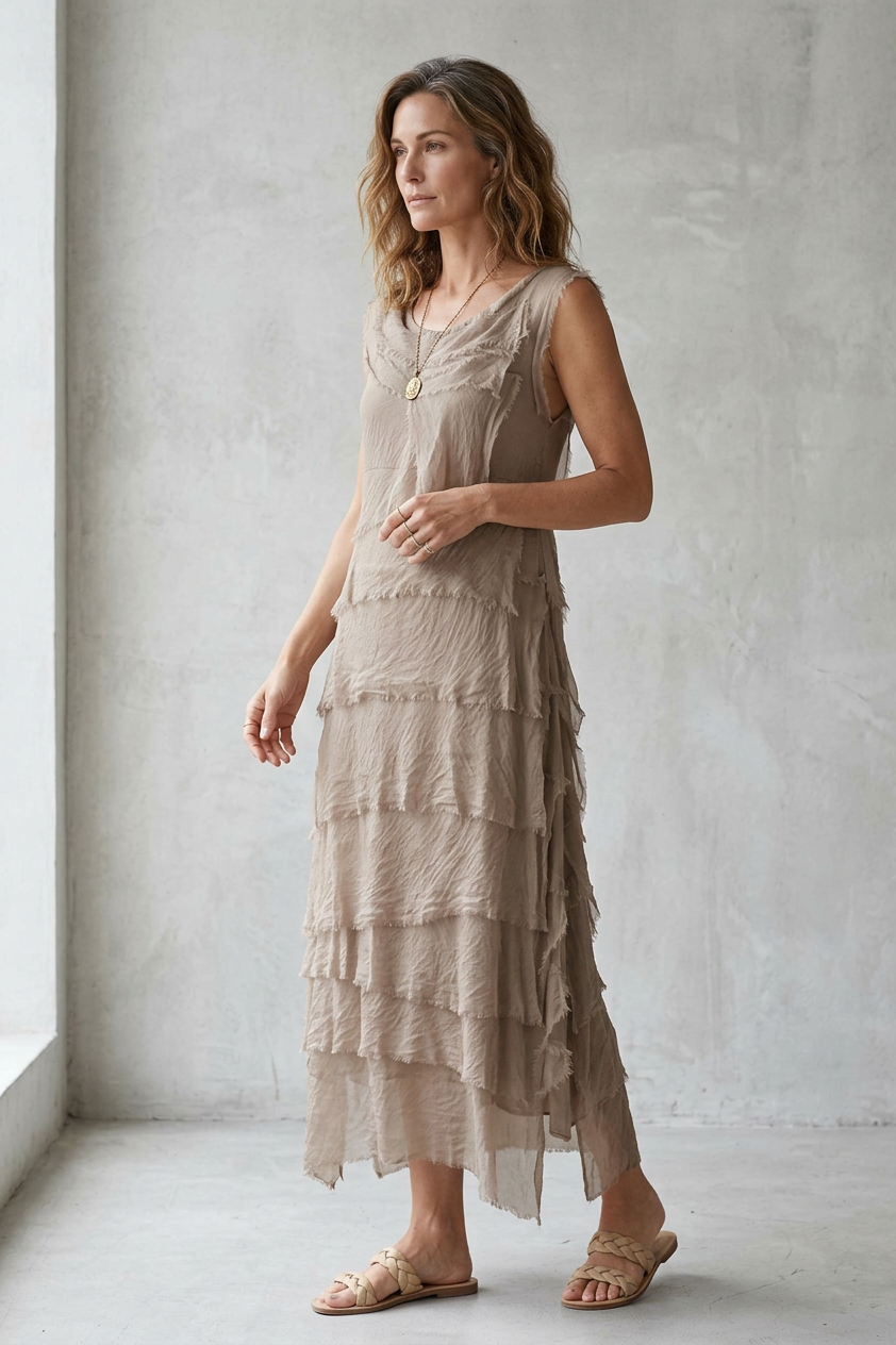 Sleeveless Frayed Detail Silk Midi