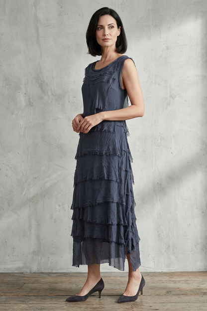 Sleeveless Frayed Detail Silk Midi