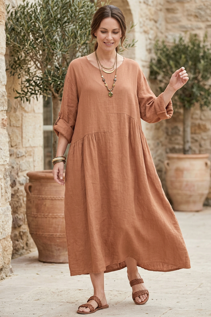 Pleat Panel Linen Dress