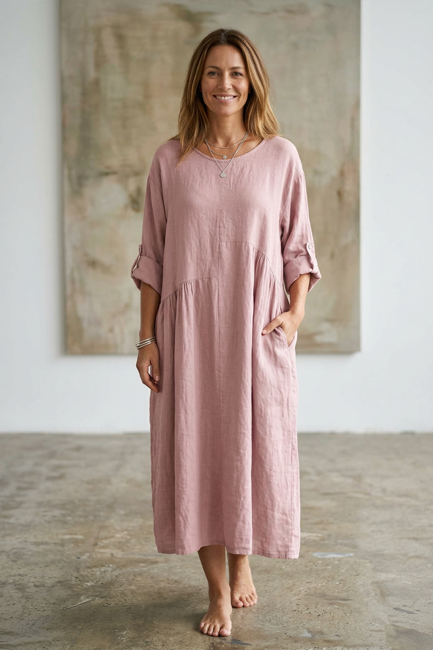 Pleat Panel Linen Dress