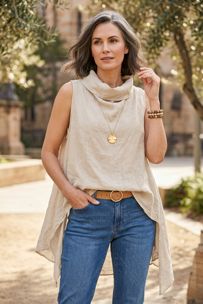 Sleeveless Cowl Neck Linen Top