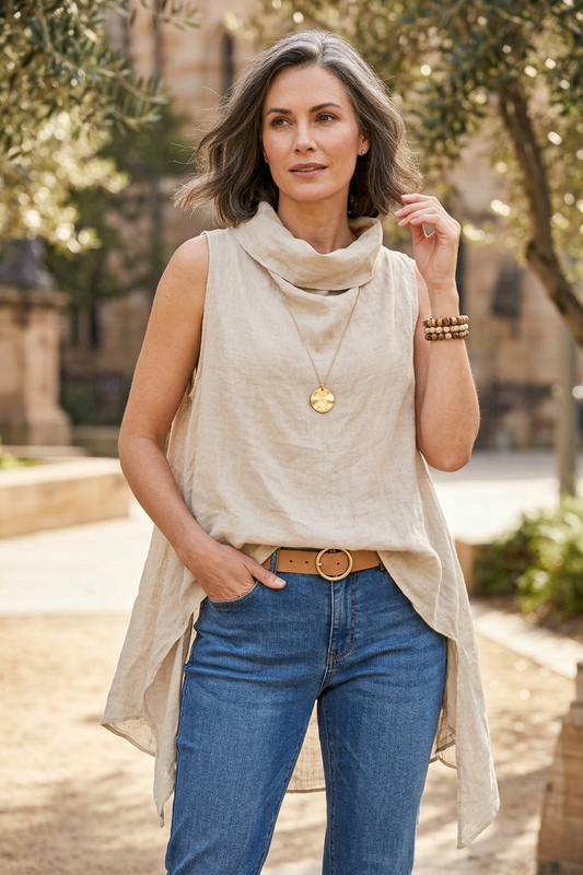 Sleeveless Cowl Neck Linen Top