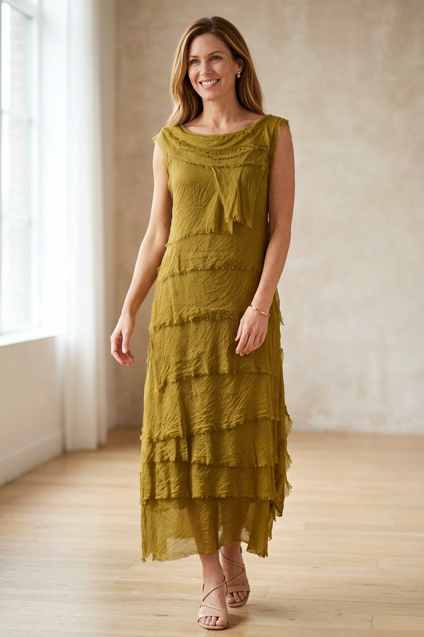 Sleeveless Frayed Detail Silk Midi