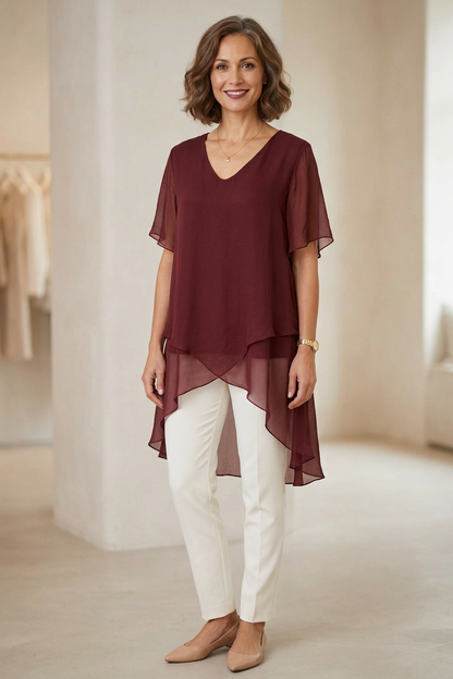 V Neck Crossover Hem Silk Blouse