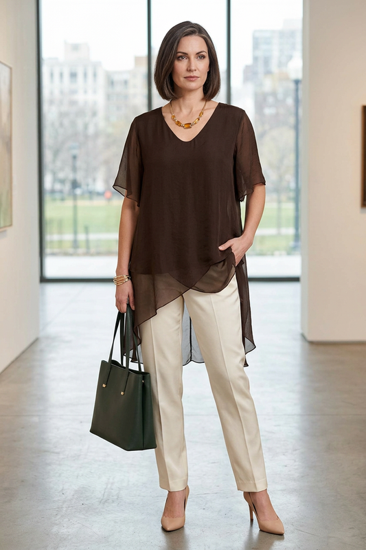 V Neck Crossover Hem Silk Blouse
