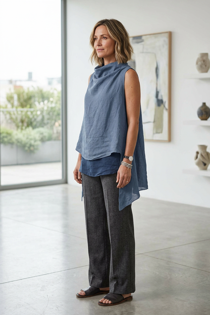 Sleeveless Cowl Neck Linen Top