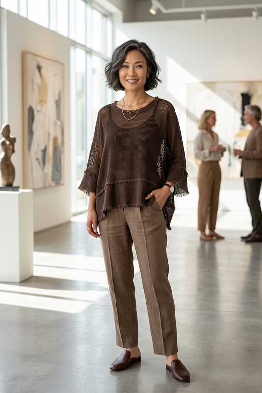 Frayed Trim Linen Mesh Top