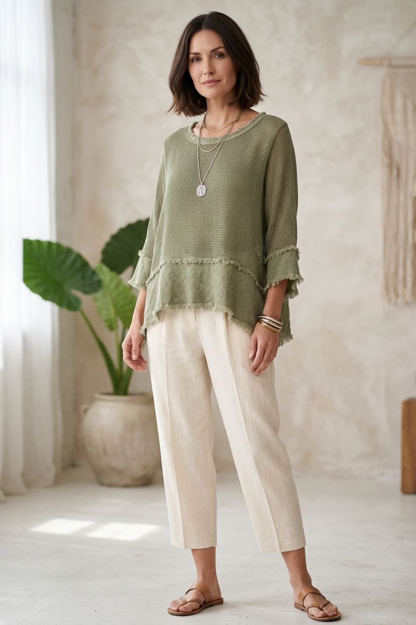 Frayed Trim Linen Mesh Top