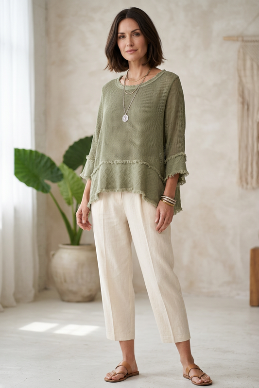 Frayed Trim Linen Mesh Top