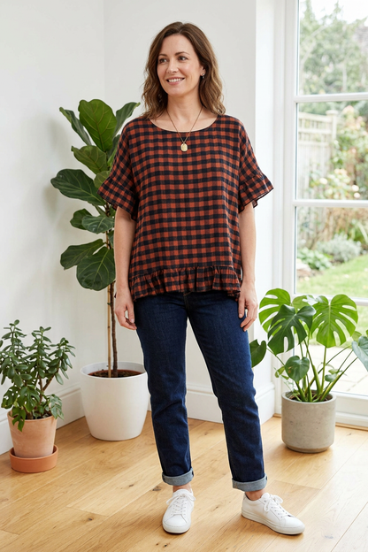 Woven Check Frill Hem Cotton Top
