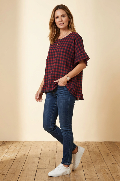 Woven Check Frill Hem Cotton Top