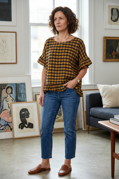 Woven Check Frill Hem Cotton Top