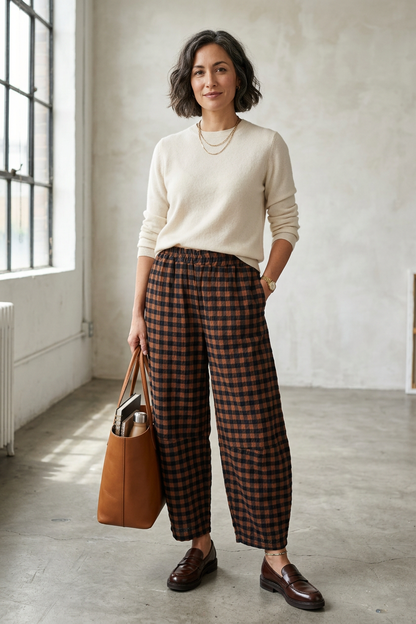 Woven Check Barrel Leg Trouser