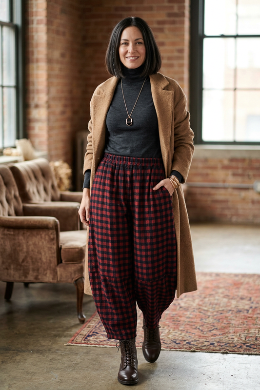 Woven Check Barrel Leg Trouser