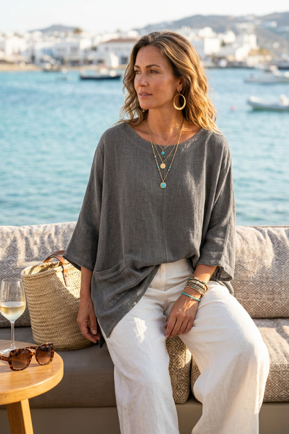 V Cutout Hem Linen Teabag Top