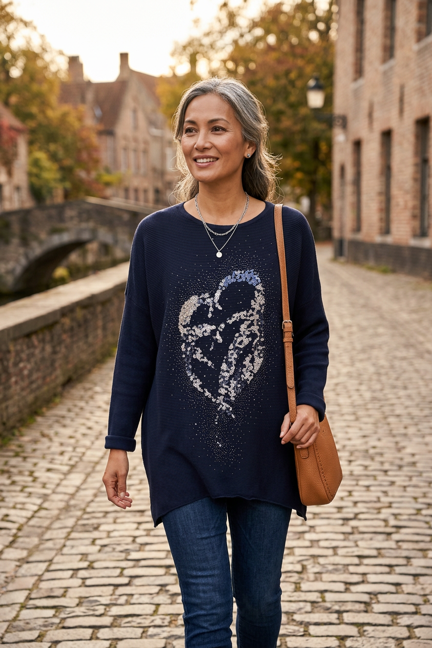 Double Sequin Heart Ribbed Jumper