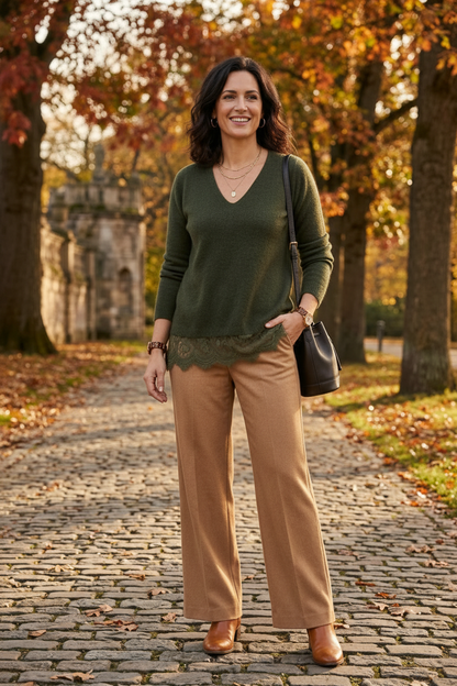 V Neck Lace Hem Wool Jumper