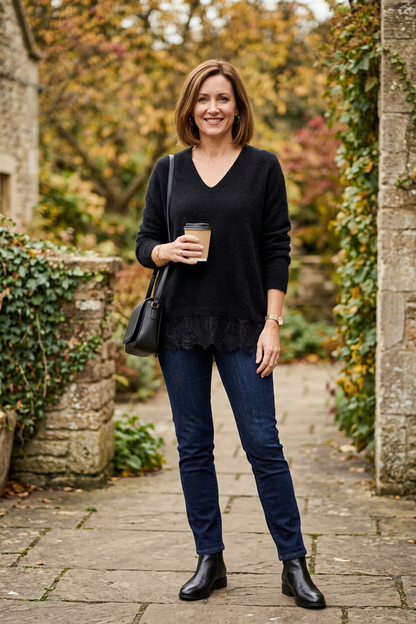 V Neck Lace Hem Wool Jumper