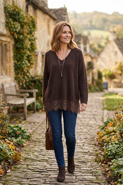 V Neck Lace Hem Wool Jumper