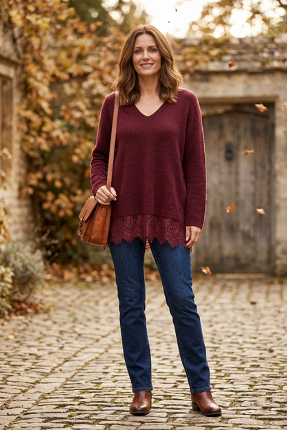 V Neck Lace Hem Wool Jumper