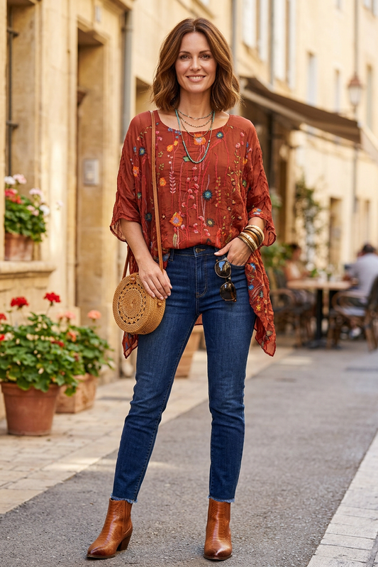 Floral Embroidery Silk Blouse
